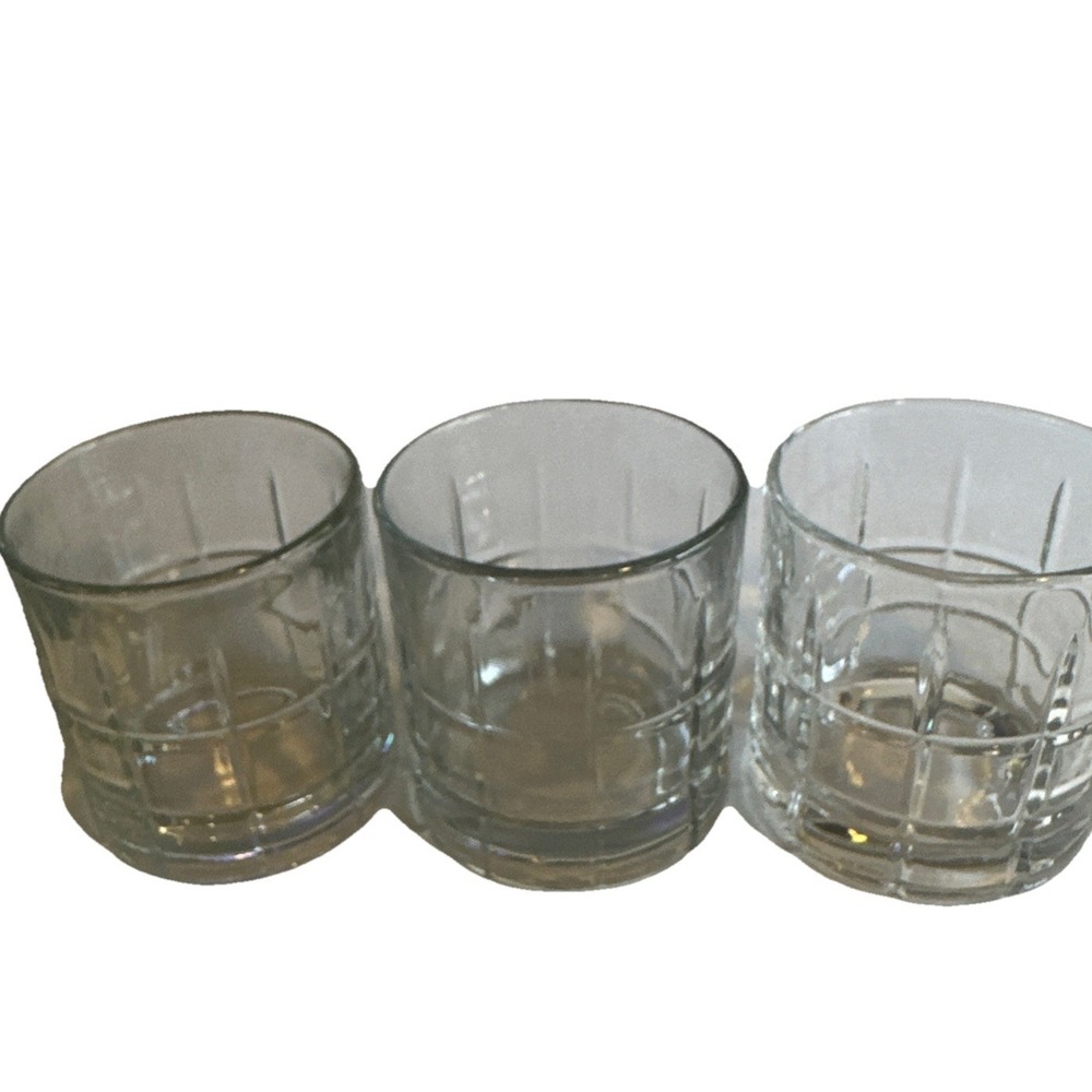 Vintage Anchor Hocking Tartan Lowball Clear 3.5" Whiskey Glasses, Set Of 3